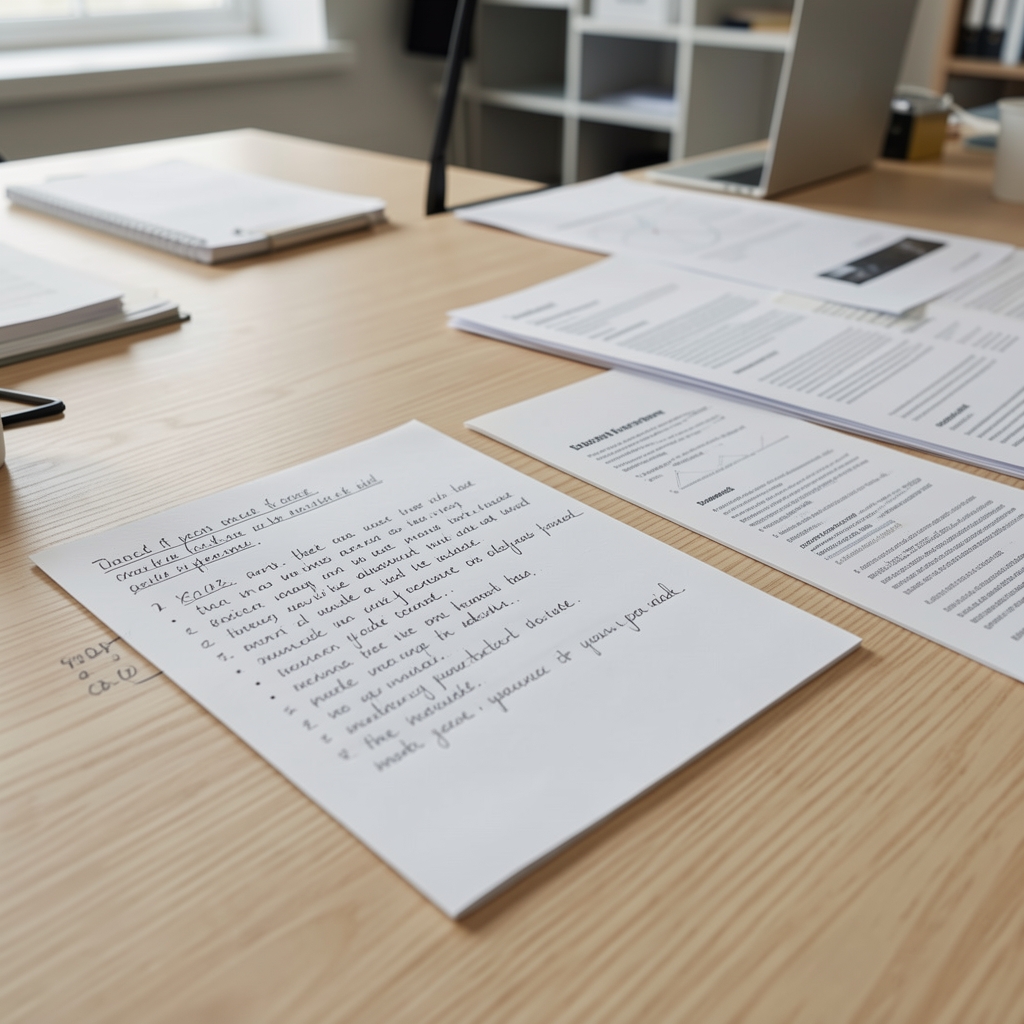 Close-up of handwritten notes and printed research documents spread on a light oak table in an editorial office