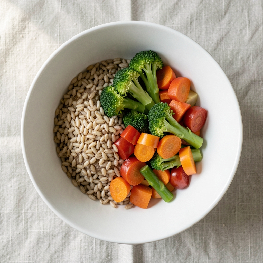 Simple white ceramic bowl filled with a balanced portion of grains and vegetables, photographed from above on a pale linen surface in natural daylight