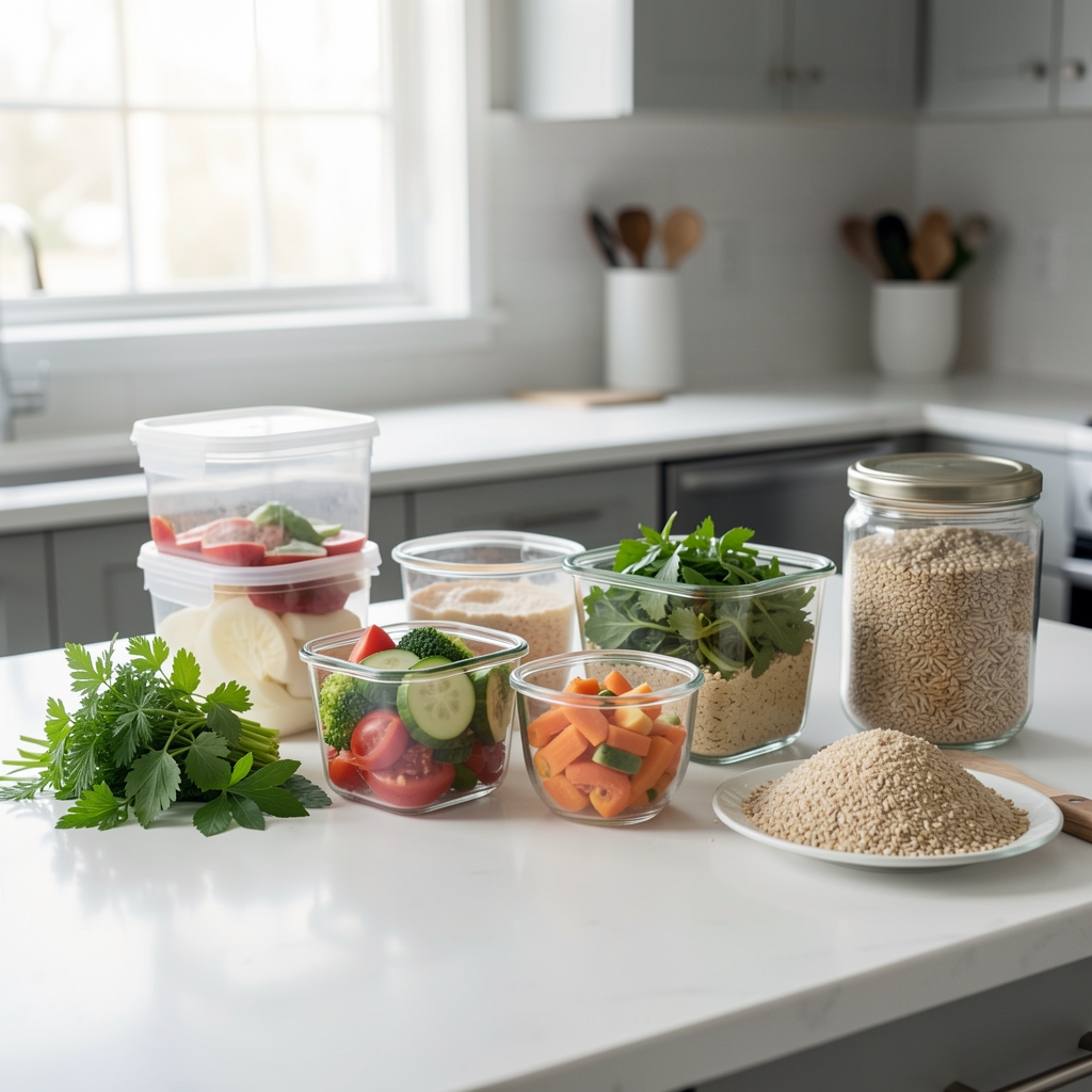 Organised meal preparation scene on a clean kitchen counter, glass containers with prepped whole food ingredients, fresh herbs and grains ready for the week