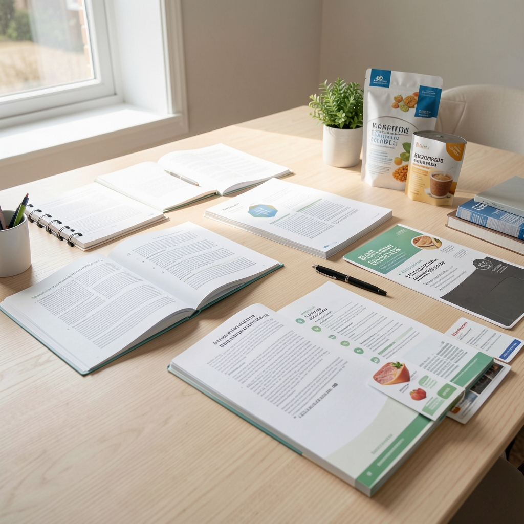 Editorial workspace with open research documents and nutrition reference materials spread across a pale wooden desk under natural daylight